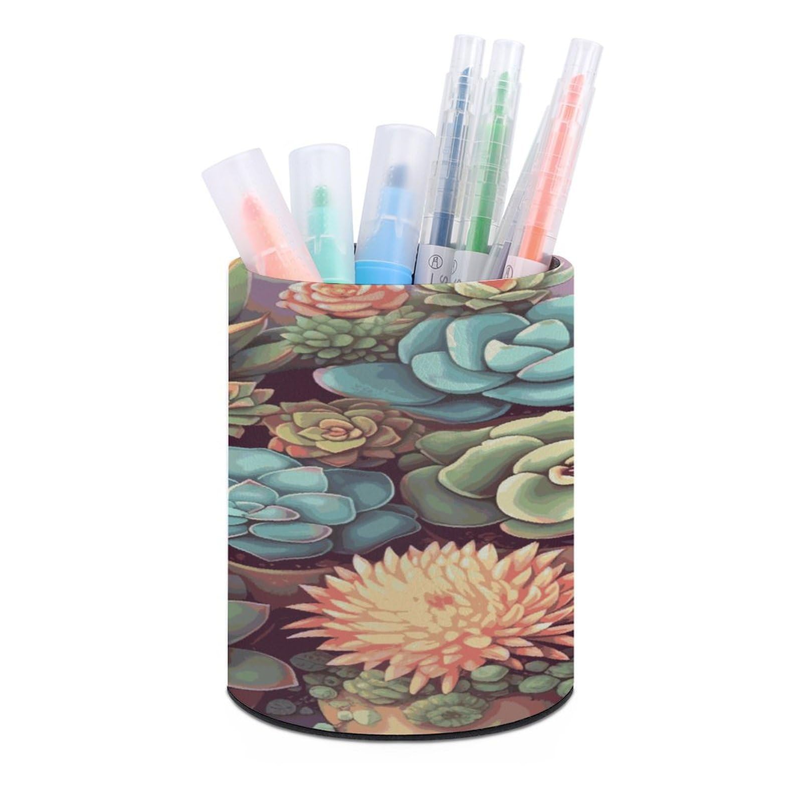 JTREHY Cute Succulents Pen Holder Round Pen Pencil Holder Makeup Brush Holders Cup PU Leather Pencil Cups Desktop Caddy Stationery Organizer Case Office Accessories Container Box