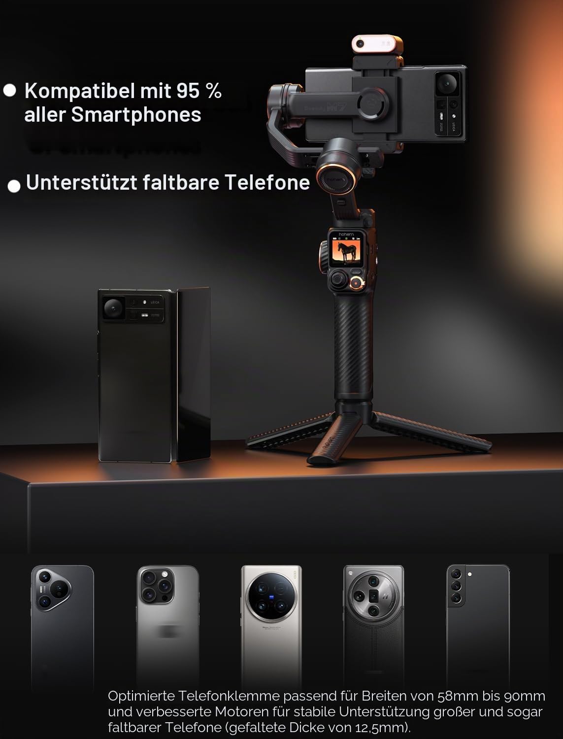 hohem iSteady M7 Gimbal Stabilisator für iPhone, 3-Achsen-Telefon-Gimbal mit magnetischem IA-Tracker-Fülllicht, abnehmbare Touchscreen-Fernbedienung, Stange