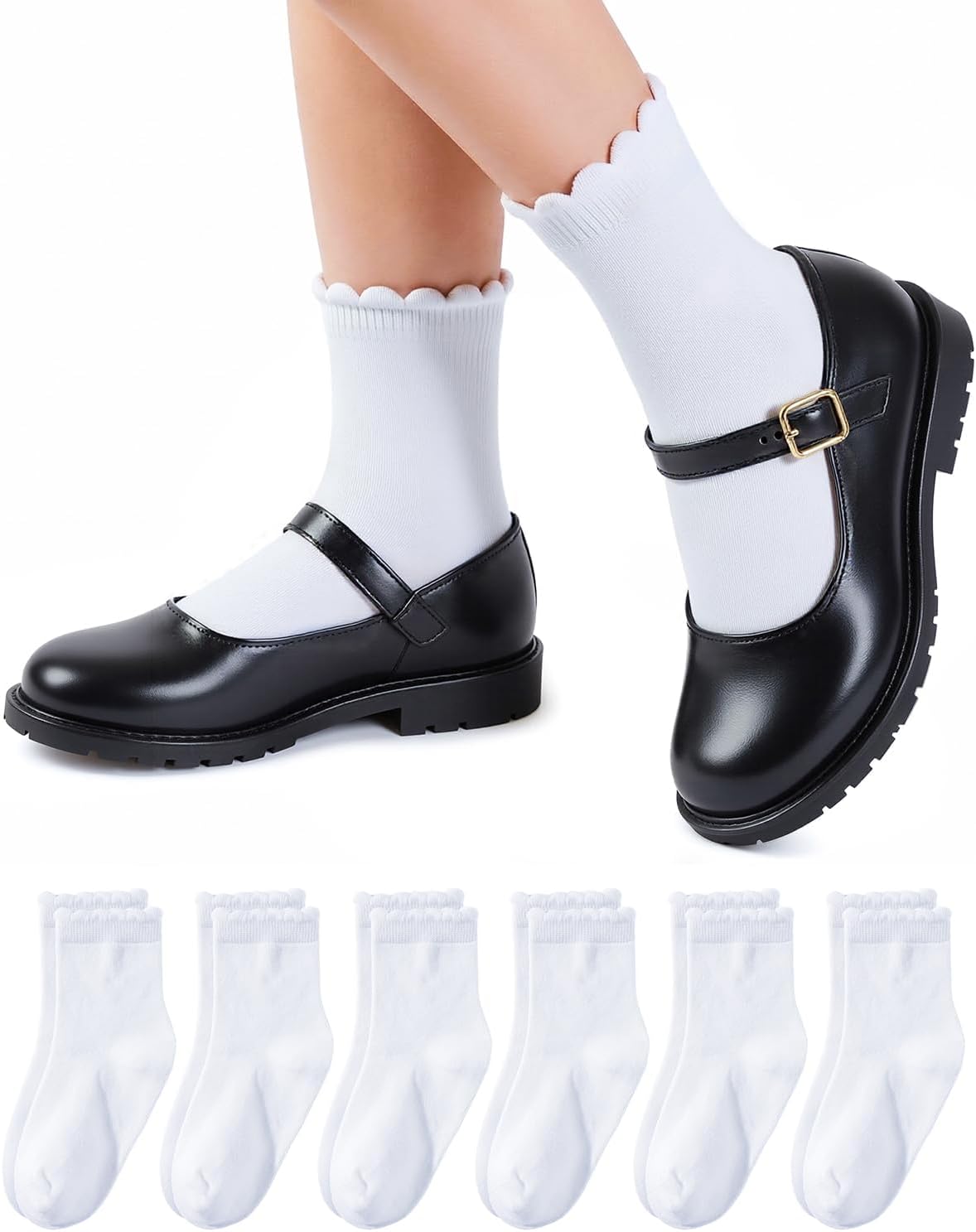 HONGTEYA 6 Pairs Cotton Girls Socks Ruffle Kids Crew Ankle School Uniform