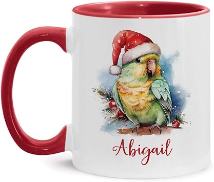 Personalized Christmas Parrot Cup With Name, Lovely Parakeet Wear Santa Hat Mug, Custom Animal Themed Ceramic Cup, Customized Bird Lover Coffee Mug 11oz 15oz, Gift For Christmas