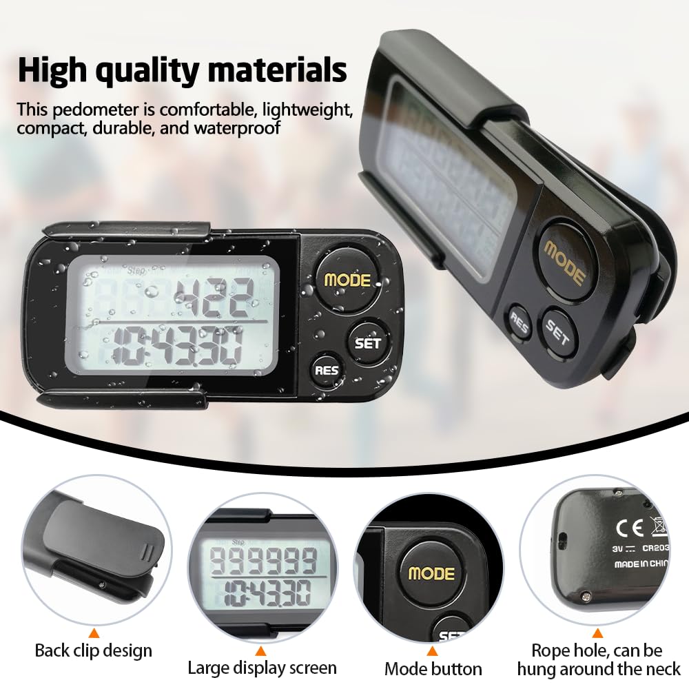 Podomètre Marche 3D, Compteur De Pas Distance Calories Horloge avec Clip et Lanière Podomètre Numérique 3D Portable Pas de Bluetooth 30 Jours de Mémoire pour Femme Homme Enfant, Noir