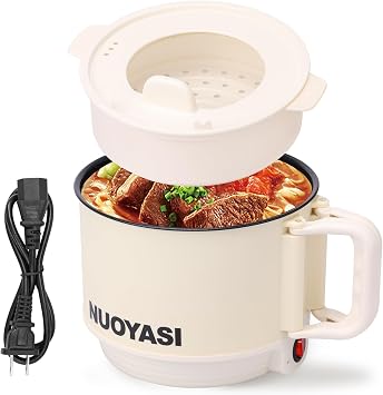 Electric Hot Pot 1.8L 450W Ramen Cooker Nonstick Multi-Functional Lazy Pot with Over Heating and Dry Burning Protection for Pasta, Noodles, Soup, Egg Fit Dorm, Office UseWhite-Double-Deck