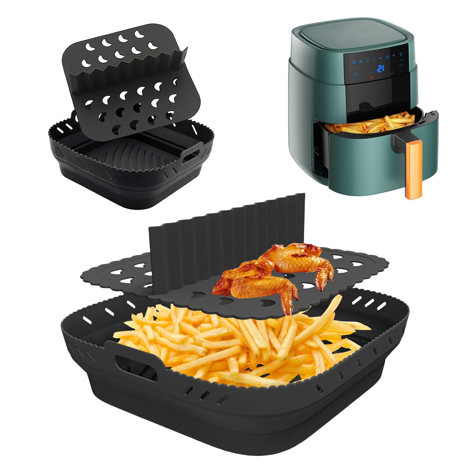 Silicone Air Fryer Liner with Divider – 8 Inch Square Reusable Air Fryer Accessories, Non-Stick Basket Tray for Ninja Speedi 5.7L, Cosori 5.5L, Tefal, Instant Vortex, Philips Air Fryer