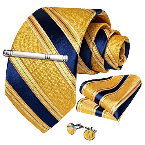 DiBanGu Plaid Ties for Men Silk Checkered Necktie and Pocket Square Cufflinks Tie Clip Set with Gift Box for Wedding Business, Blue and Yellow