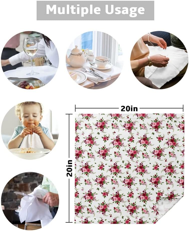 Red Rose Flower Plant Table Napkin Cloth Set for Party Wedding Kitchen Dinner Napkins(4pcs)
