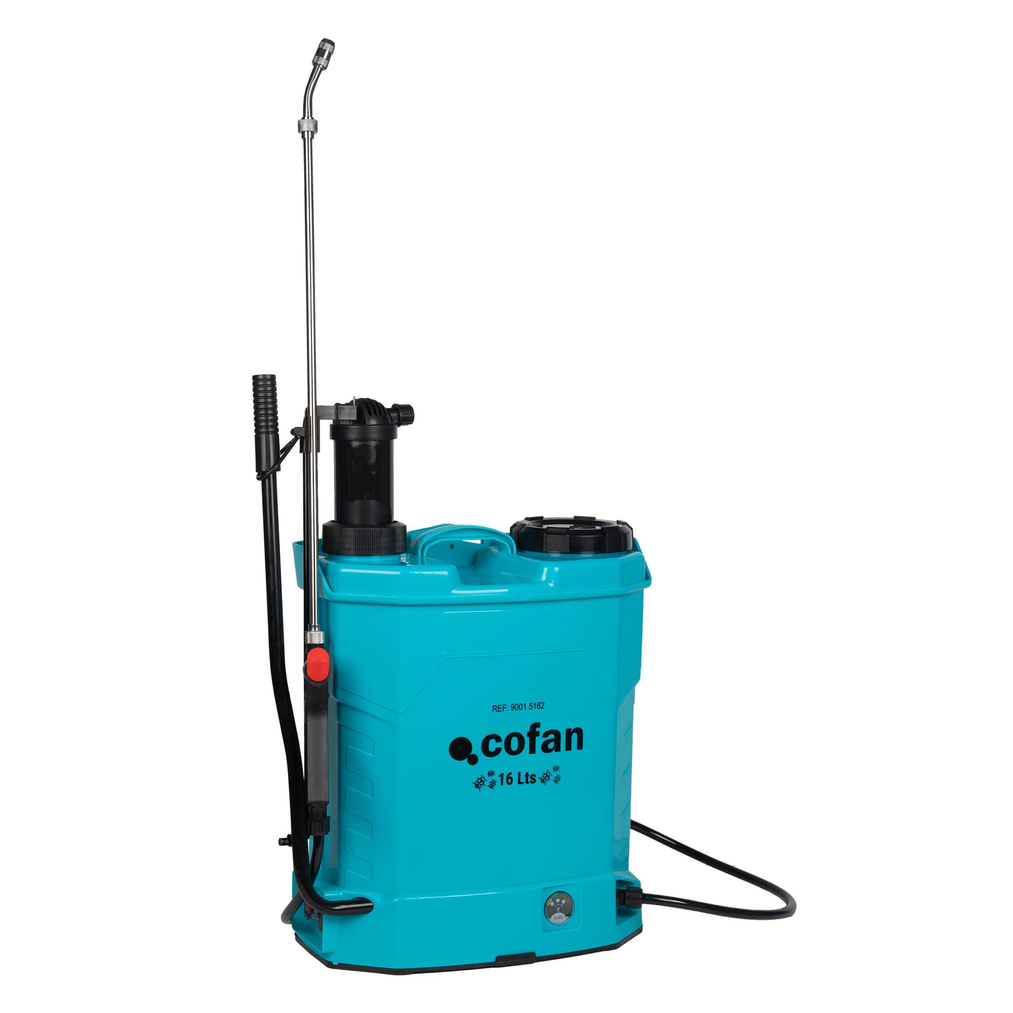 Cofan Pulverizador de espalda eléctrico | Capacidad: 16 litros | Batería de litio 12 V 8Ah | Doble uso manual y automático | Lanza 60 cm | 4 Boquillas | Correas acolchadas