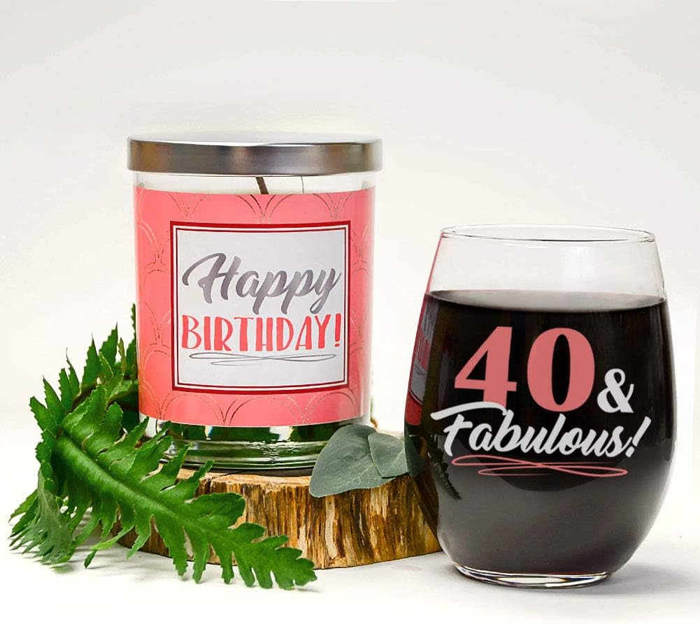 Free Shipping 🛒 40 & Fabulous Birthday Candle Gift Set | Cute Stemless 15 oz. Wine Glass |Happy Birthday Soy Candle | Vanilla, Sandalwood, Amber | Happy 40th Birthday Gifts for Women | Birthday Gift Boxes