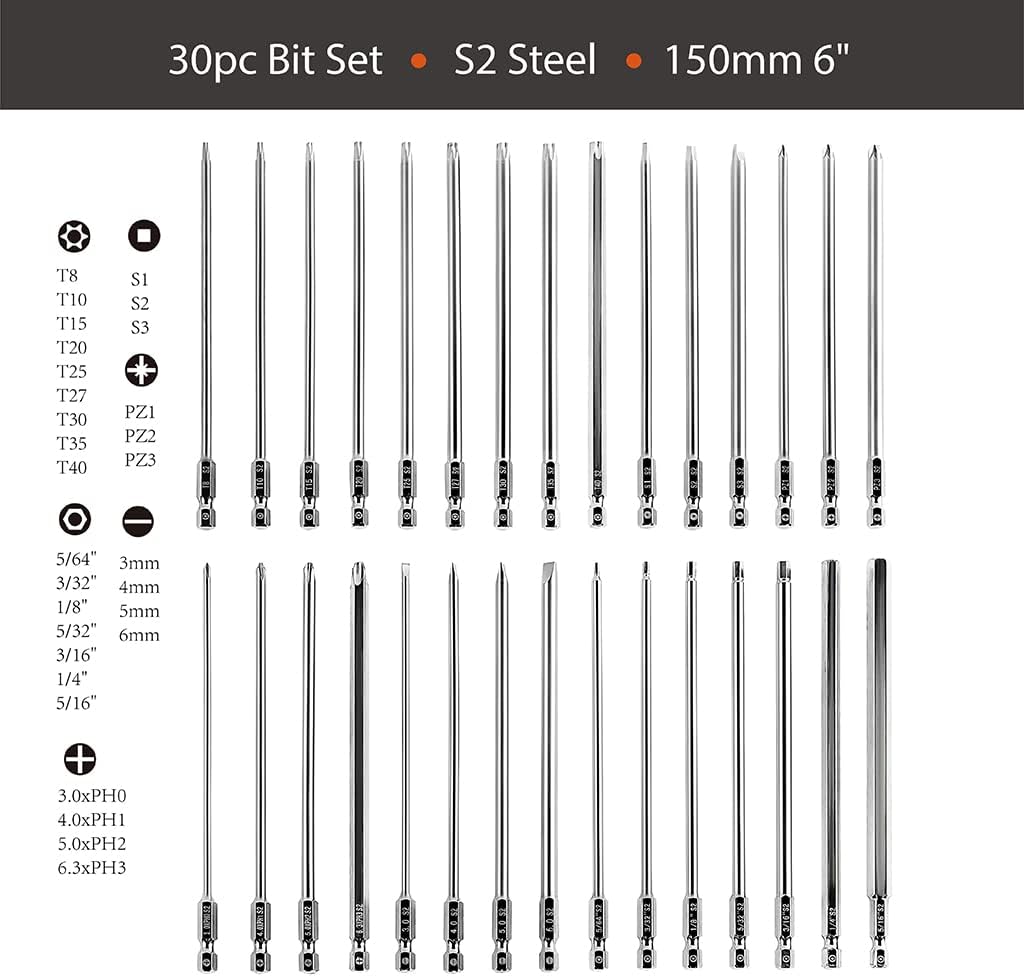 Dandeeler 30 Piece 6 Extra Long Security Bit Set Torx Hex Slotted Phillips Square Pozidriv, with Tool Bag 30pc Extra Long 6inch