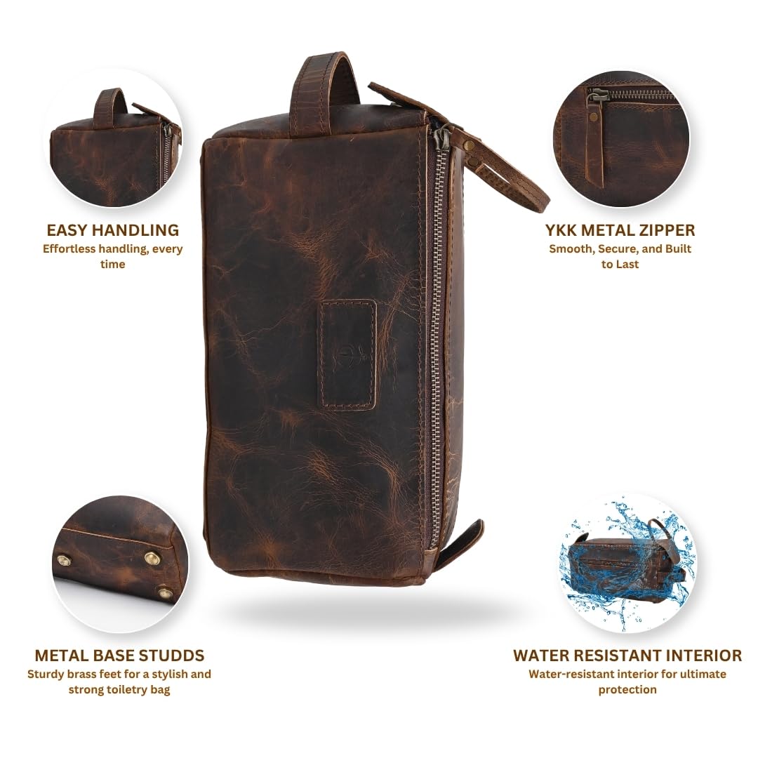 Neceser colgante de piel auténtica de búfalo con forro impermeable para hombres y mujeres, hecho a mano, vintage, de cuero marrón envejecido, kit de viaje, Interior espacioso: amplio