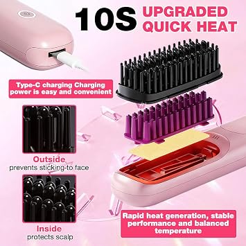 Glow Wave Heated Brush for Short Hair, Hot Comb Hair Straightener Brush, Portable Cordless Hair Straighteners with LED Temperature Display, 3 Heat Settings, for Travel and Everyday Use (Pink)