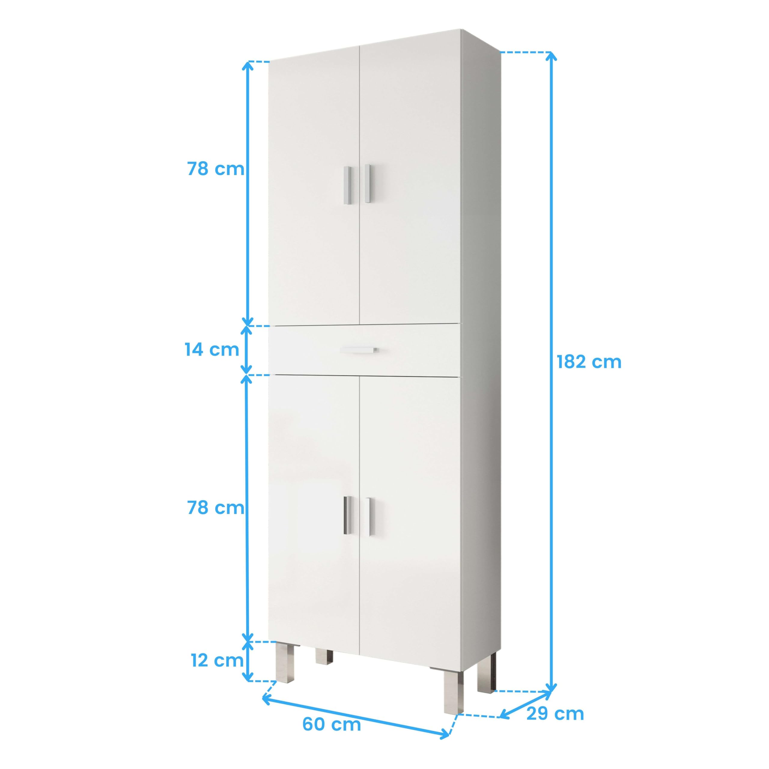 Miroytengo Mueble Auxiliar de Baño Galatea Blanco Brillo 60x182 cm Columna de Baño 4 Puertas, 1 Cajón y Estantes Regulables