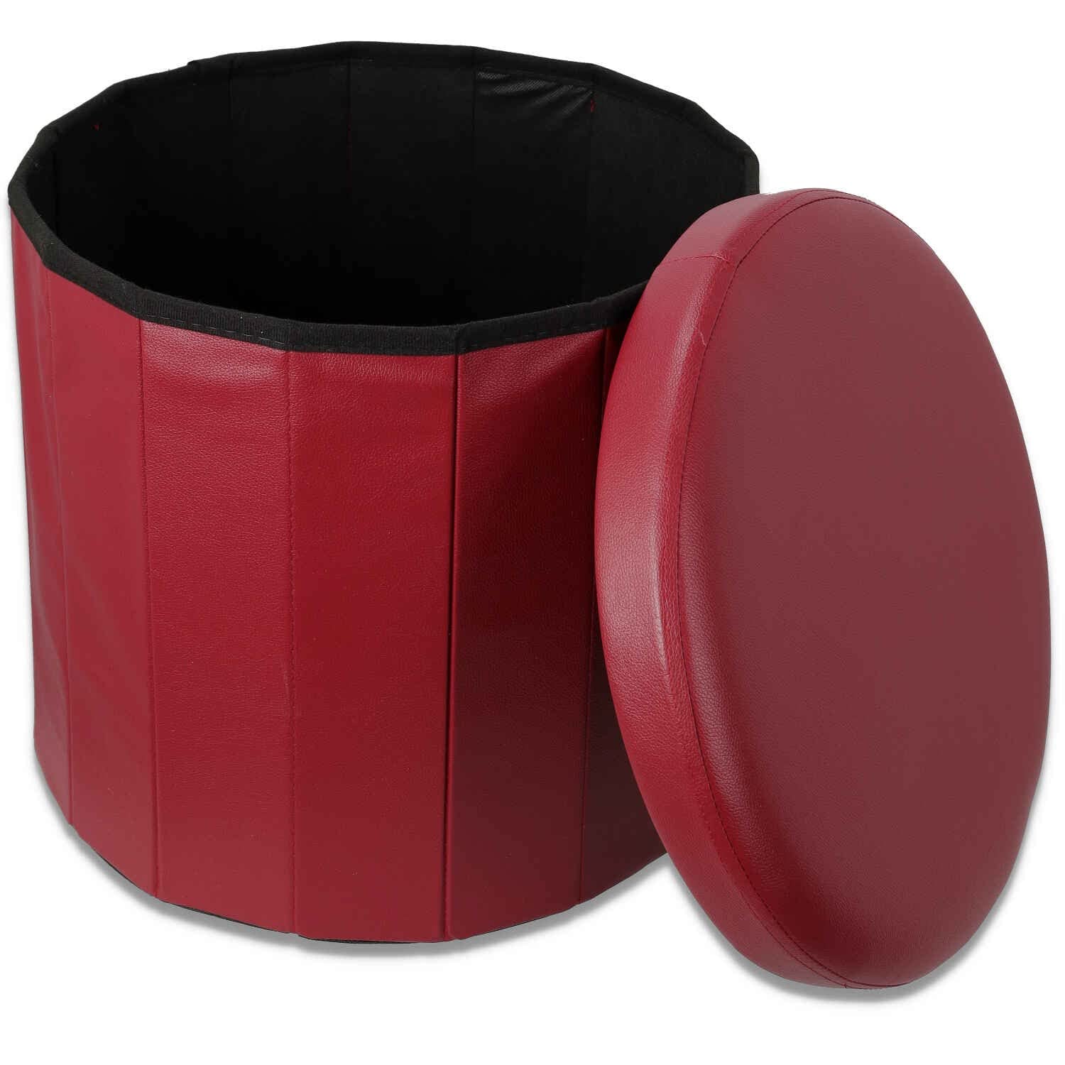 Casatessile - Contenitore Pouf Rotondo in Ecopelle | Seduta Portaoggetti | Diametro 45 cm | Facile da Trasportare | Imbottito in Poliuretano | Struttura in Legno e Metallo Bordeaux