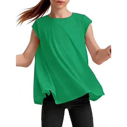 Haloumoning Girls Cap Sleeve Athletic Shirts Kids Summer Crewneck Oversized Workout Tops Gym Yoga Tees 5-14 Years