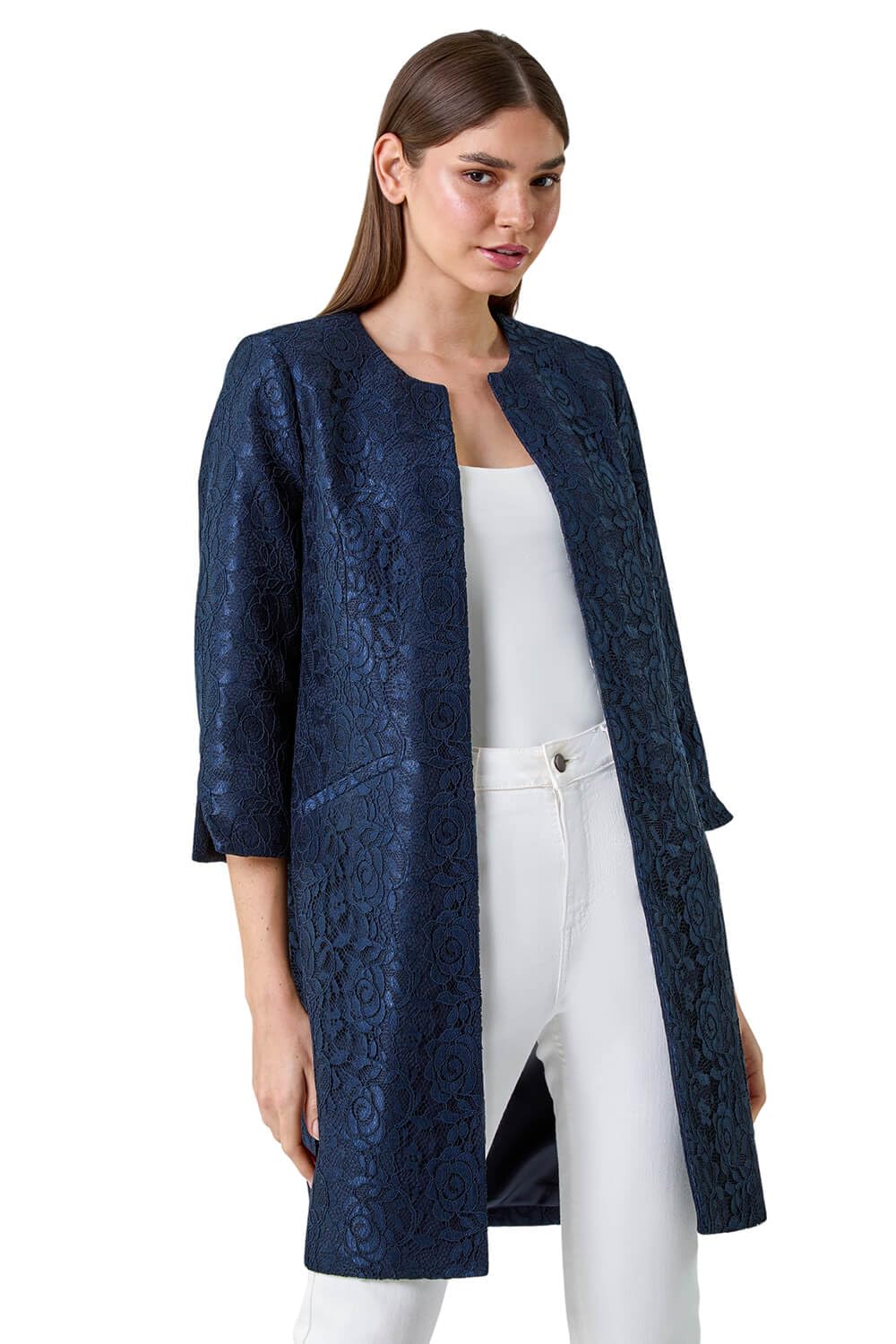 Roman Women's Navy Lace Longline Formal Jacket Size 10