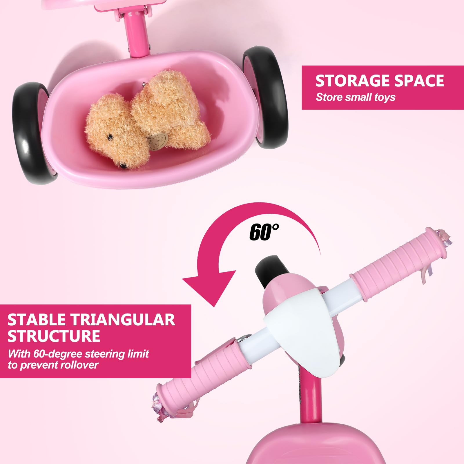 Triciclo plegable para niños de 2, 3 y 4 años, triciclo para niños con asiento ajustable, cesta y serpentinas, juguete de 3 ruedas para montar en bicicleta, regalo de cumpleaños para niñas y 8