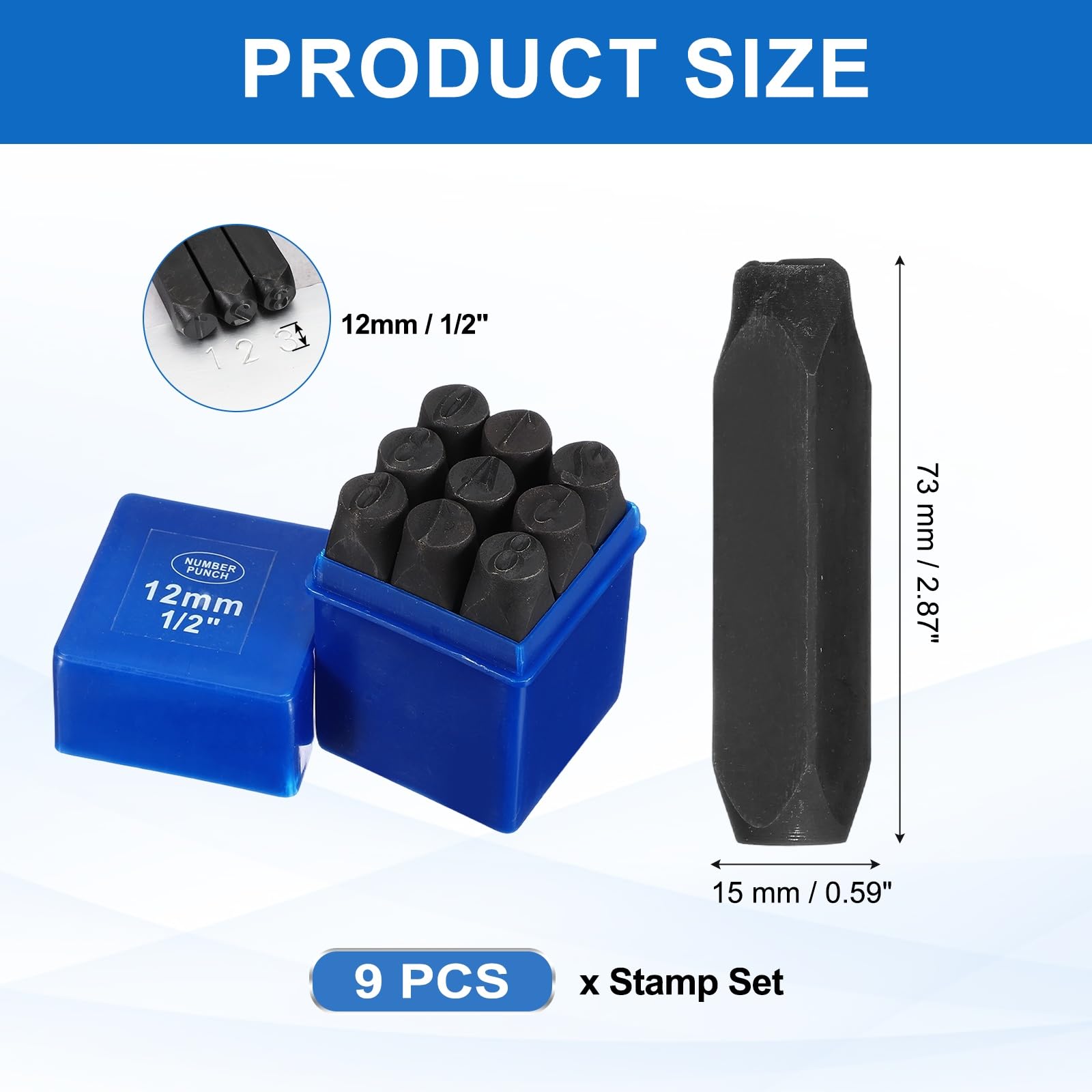 QUARKZMAN Set Di Timbri Numerici In Metallo 9 Pezzi 15/32" (12mm) Kit Per Marcatura Numerica 40Cr Set Di Utensili Per Marcatura A Mano Con Custodia Blu Creazione Gioielli Artigianato