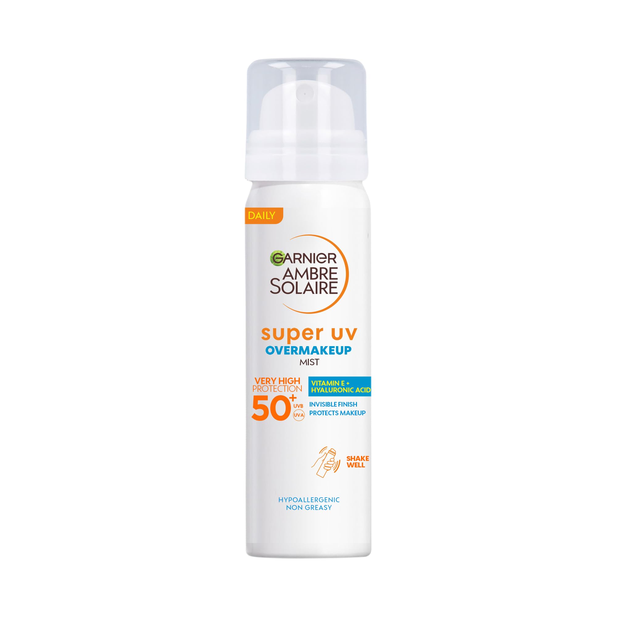 Garnier Ambre Solaire Over Makeup Super UV Protection Mist LSF50+, mit Hyaluronsäure und Vitamin E, leichte Textur, unsichtbares Finish, nicht fettend, spendet der Haut Feuchtigkeit, 75 ml