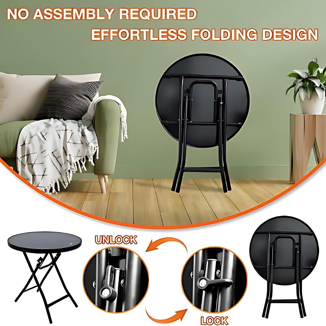 TORIOX Folding Table, Side Table, Balcony Table, Camping Table, Garden Table, Bistro with Metal Frame, Round Top Made of Tempered Glass 3