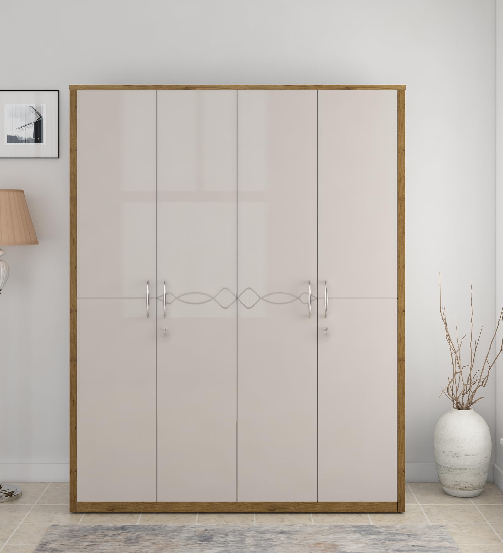 Spacewood Pearl 4 Door Wardrobe | Ceramic High Gloss Finish | Engineered Wood Almirah with 2 Drawers (2 Lockable) & 2 Hanging Spaces | Bedroom Cupboard Almari | 3-Year Warranty-image-33