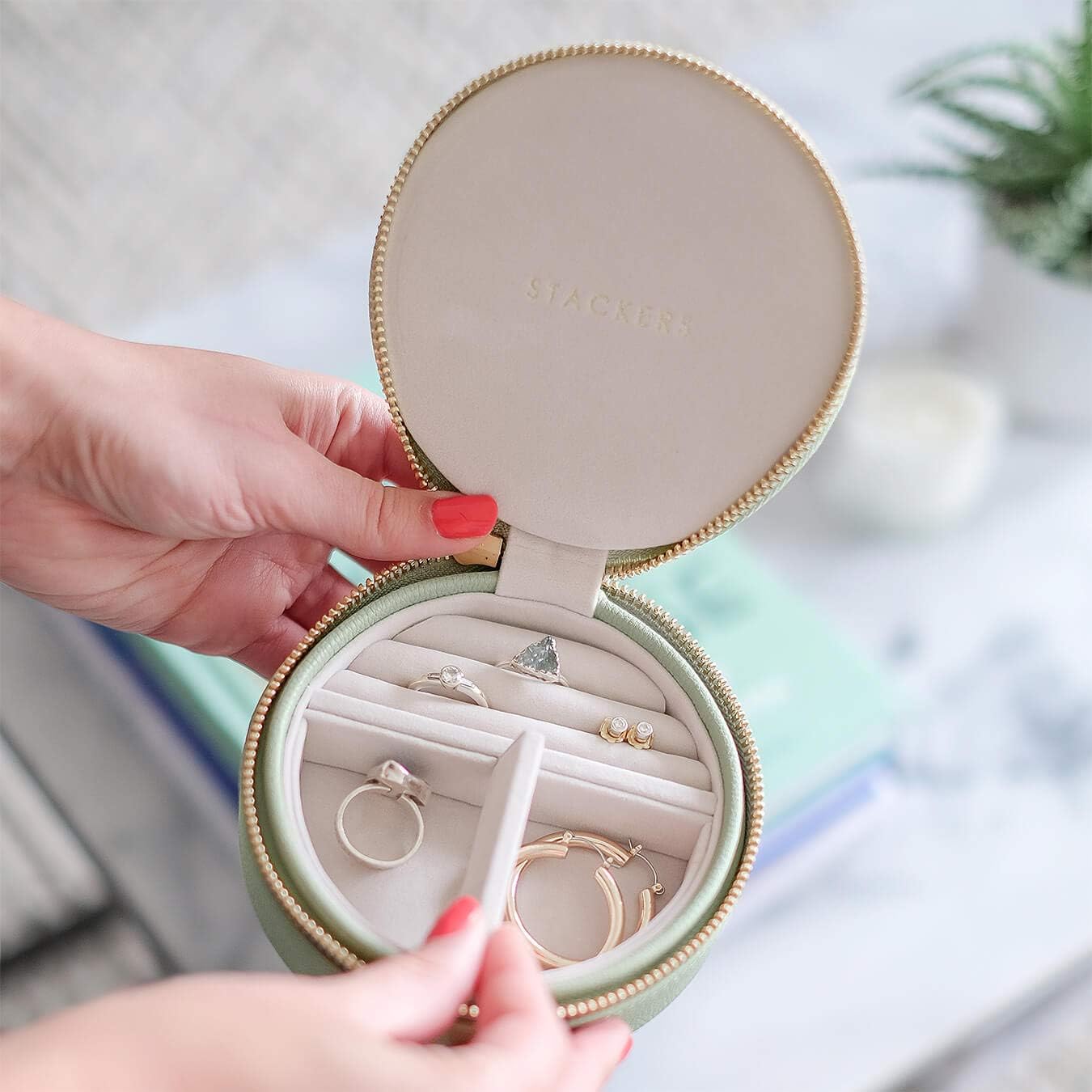 Stackers Sage Green Round Travel Jewellery Box BigaMart