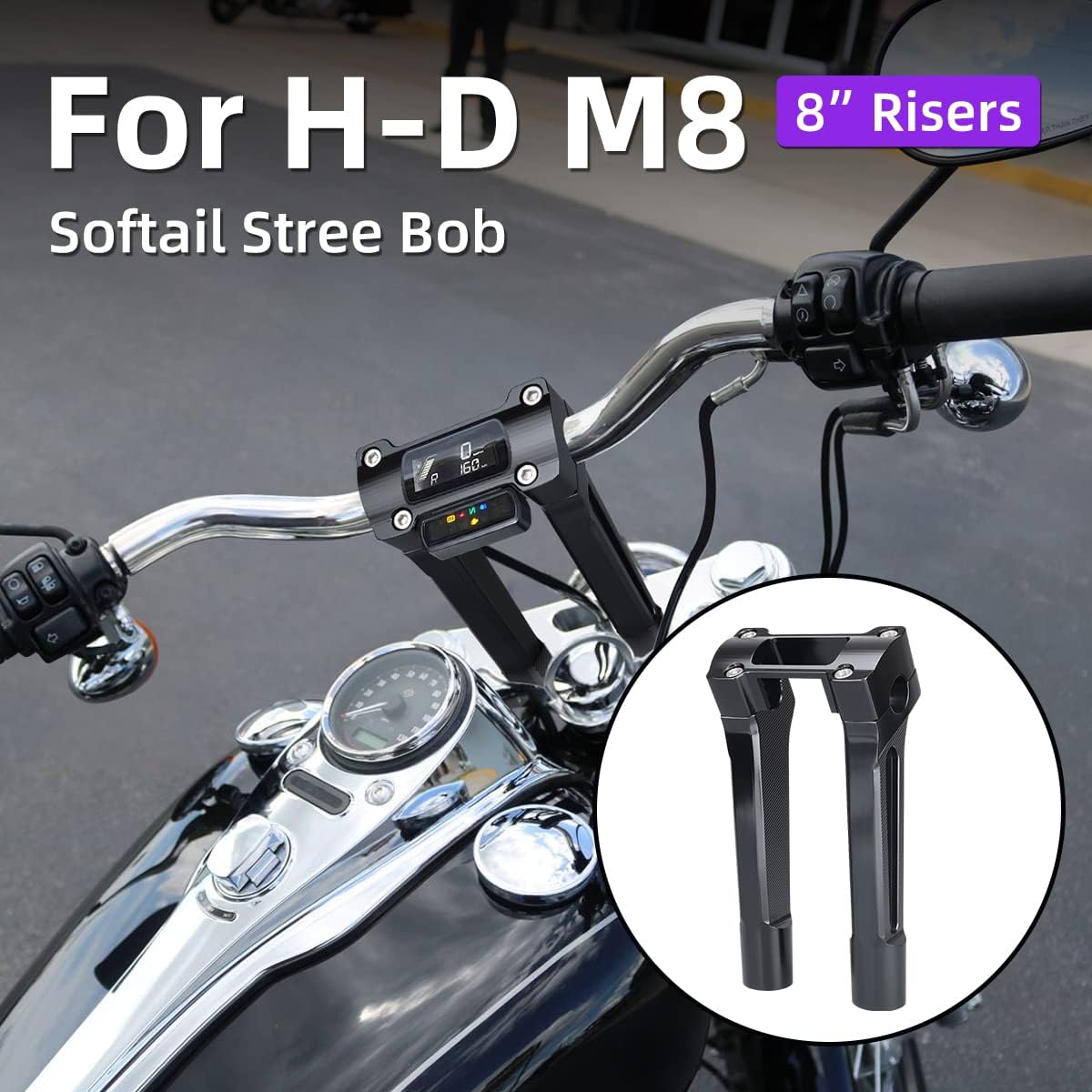 Motorcycle Handlebar Risers Straight One Piece 8 Inch Pullback Handle Bar Risers for Harley 1” Handlebars Newer M8 Softail Street Bob Breakout 2018-2022 Lowrider ST 2022