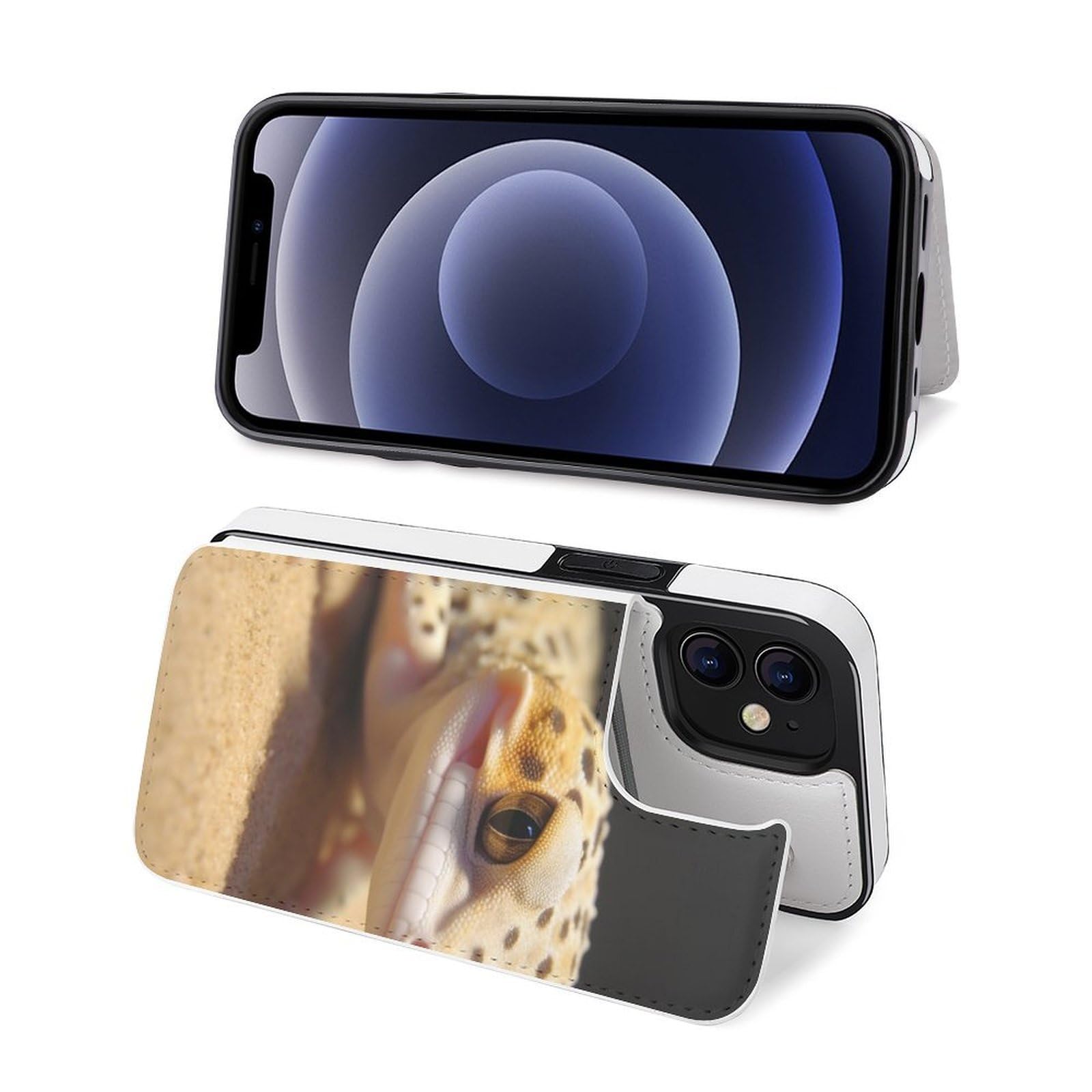Fundas tipo cartera para iPhone 12, estampado de geco de leopardo arena, funda de piel con ranuras para tarjetas