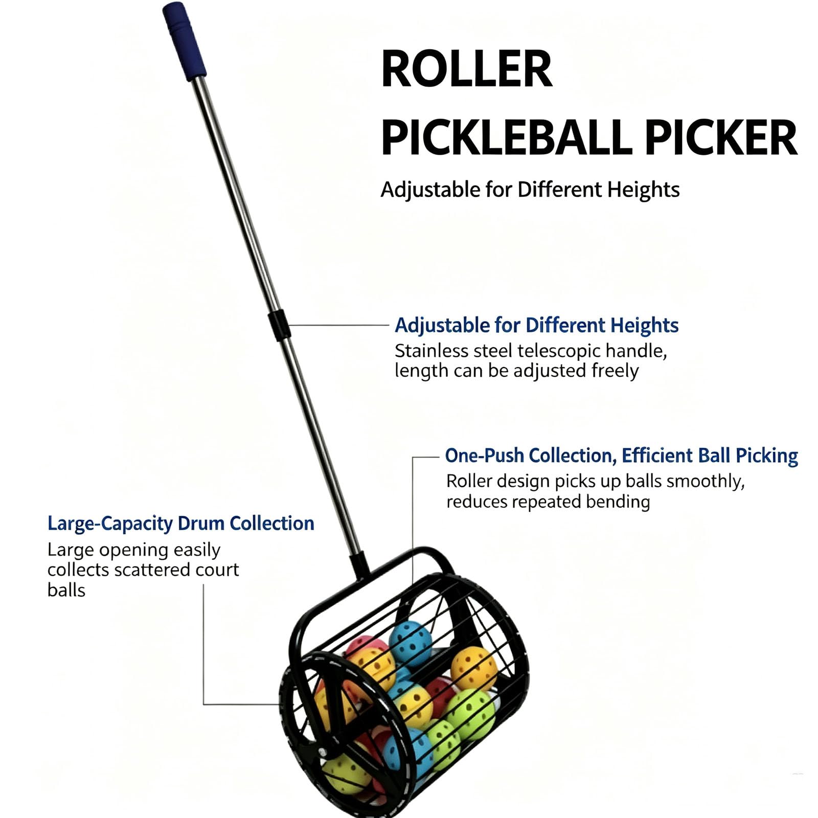 Recolector De Pelotas De Tenis con Ruedas, Tolva para Pelotas De Tenis con Mango Telescópico Ajustable Y Cordones Elásticos, Recuperación Rápida De Pelotas, Capacidad para 30 Pelotas, para