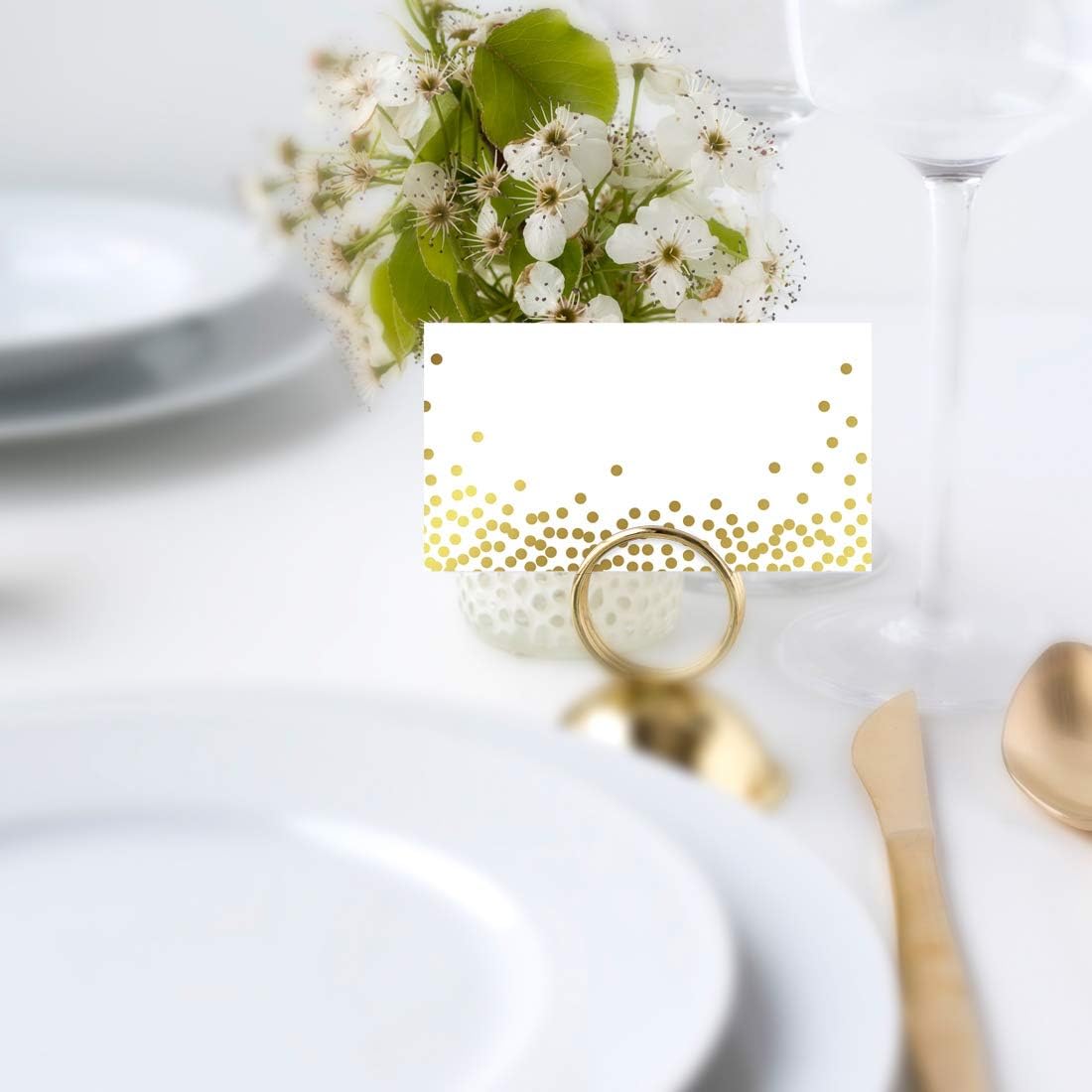 Andaz Press Metallic Gold Confetti Polka Dots, Printable Table Tent Place Cards, 20-Pack Seat Placement Cards Blank Place Cards For Table Settings Name Cards for Bridal Wedding, Graduation Food Cards