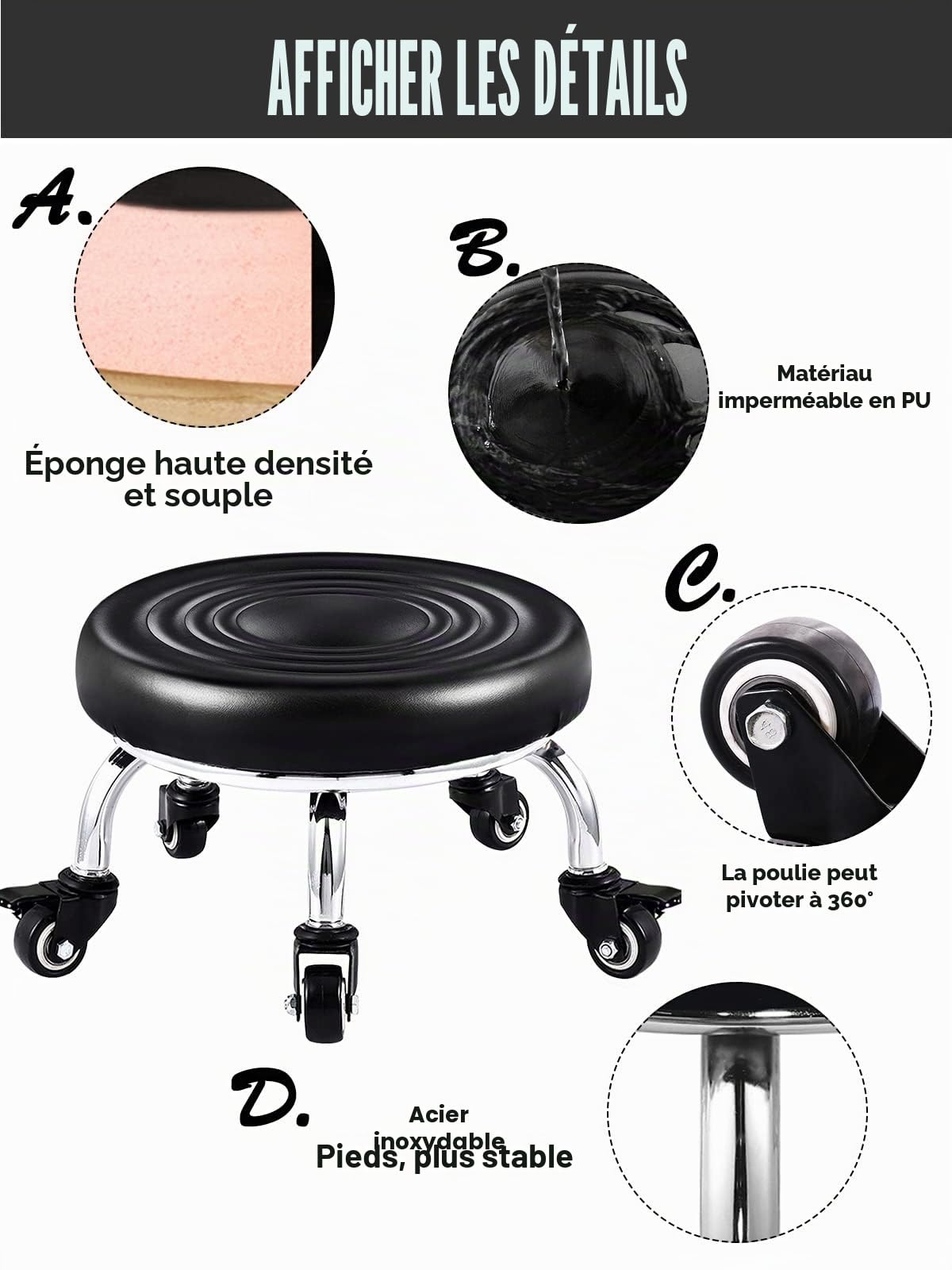 Kalolary Tabouret Pivotant à roulettes Réglable Siège Rond Base Métal Robuste Cuir Noir pour Salon Massage Coiffure Spa Thérapie Tatouage