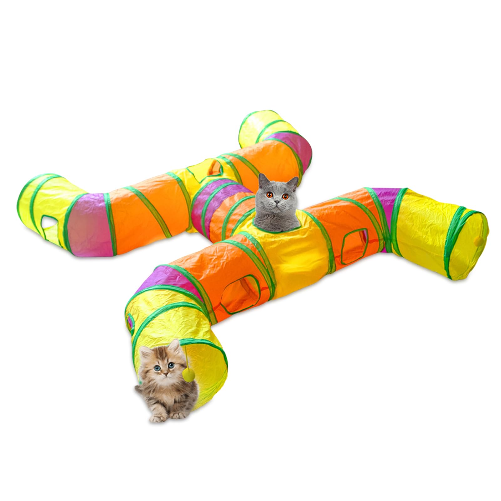 ACNCN Cat Tunnel, Pop-Up Collapsible Cat Toy for Indoor/Outdoor Play, Interactive Maze for Cats, Kittens, Puppies, Rabbits, Guinea Pigs, and Small Pets (Rainbow-4 Way)