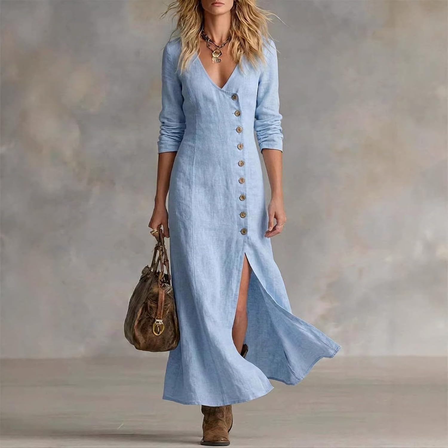 Aoleaky Women's Long Sleeve Button Front Linen Dress, Casual Loose Fit Midi Dress