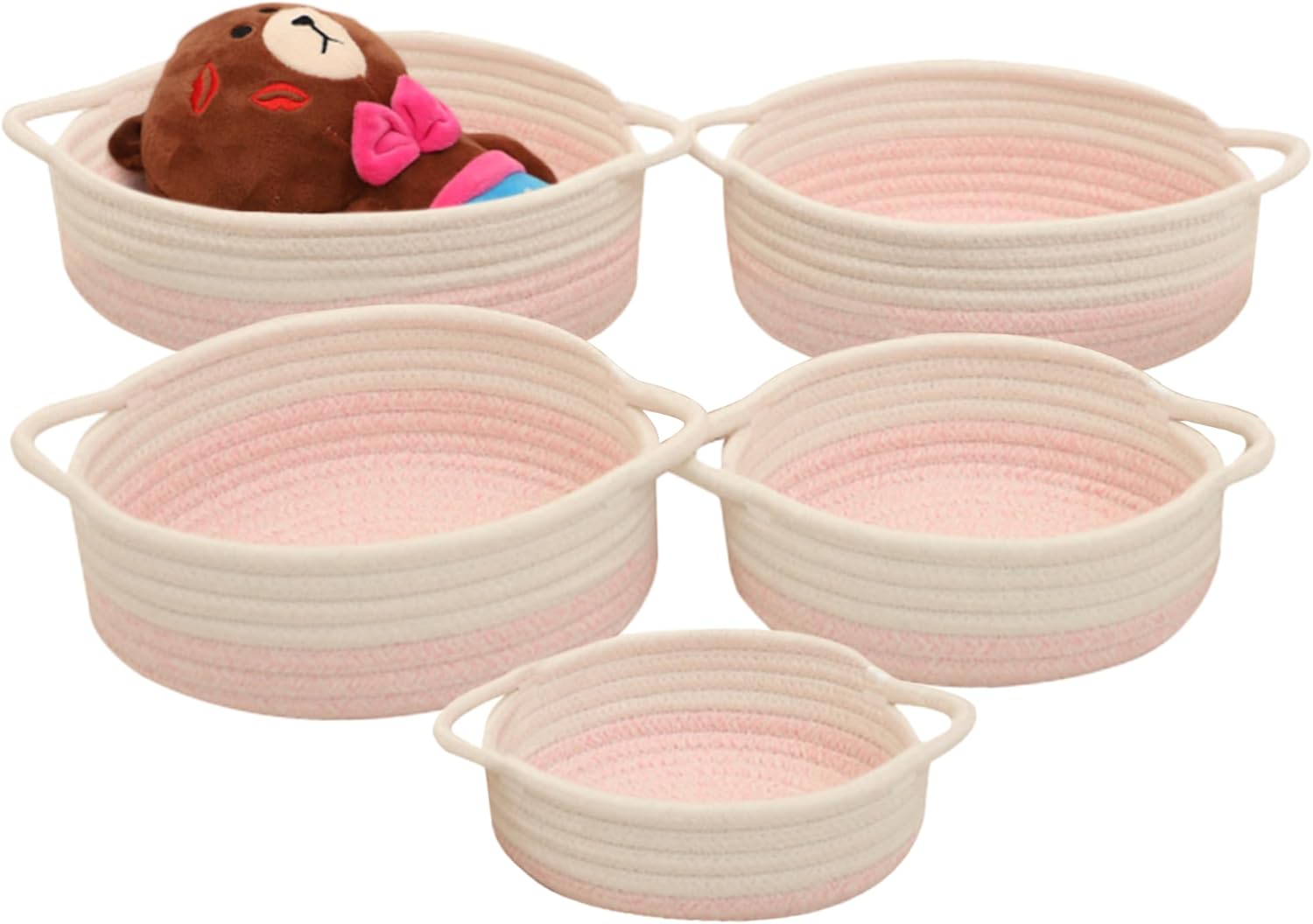MinmalLife Round Basket (Set of 5 Multisize Rope Basket) Beige/Light Pink