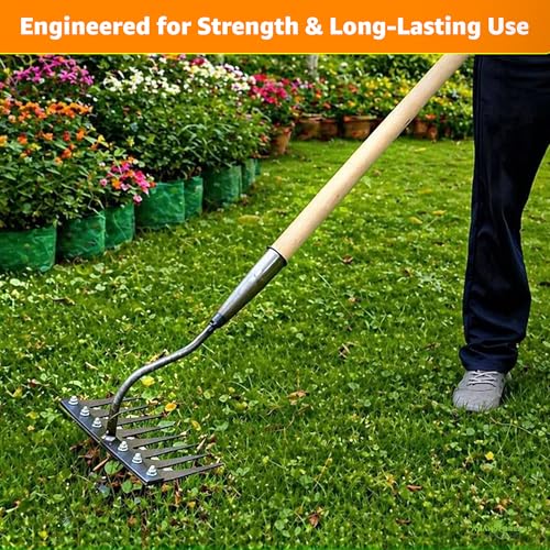 Image of Anandi Green's 8 Teeth Garden Rake Heavy Duty Carbon Steel Rake Handle for Soil Loosening, Weeding, Lawn & Yard Cleaning Multipurpose Outdoor Gardening Tool for Home Farm & Agricultural Use
