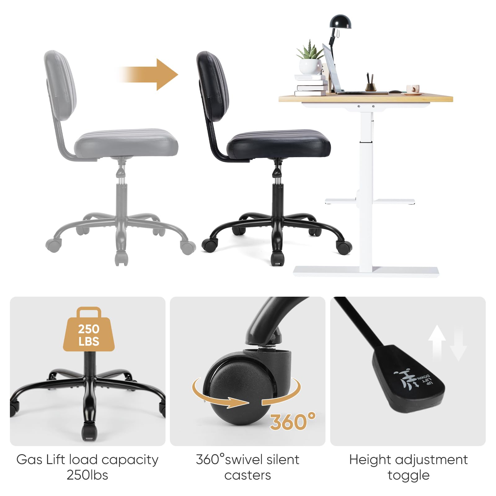 DUMOS Small Armless Home Desk Chair with Low Back Lumbar Support Height Adjustable PU Leather Computer Task Chair — view 6