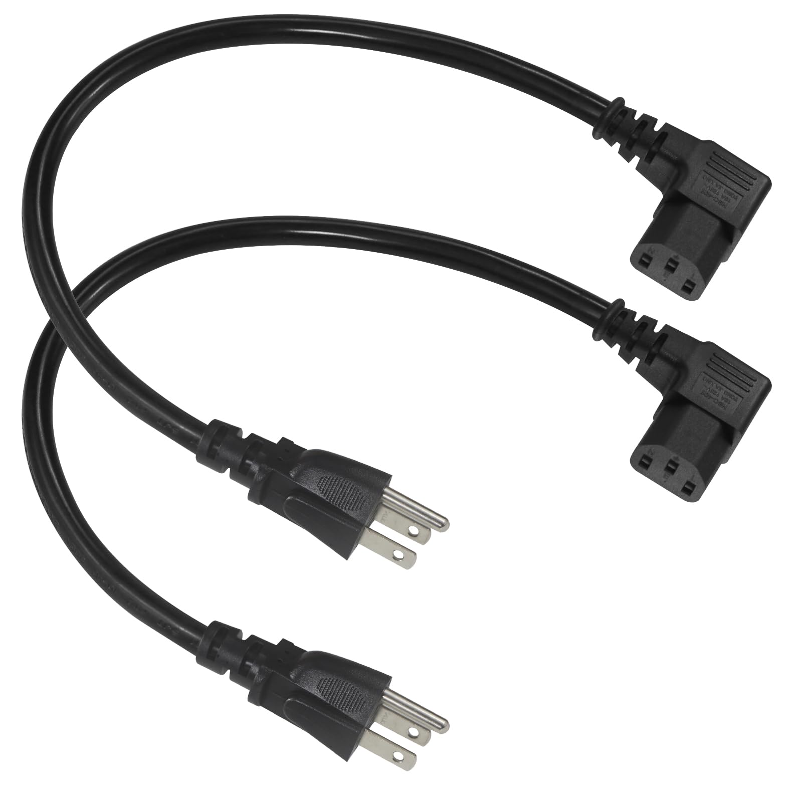 [2PACK] 1FT Right Angle Computer Power Cord - NEMA 5-15 Plug to IEC C13 Power Cord,Universal PC Power Supply Cord, 16AWG, Black C13 3 Prong Angled AC