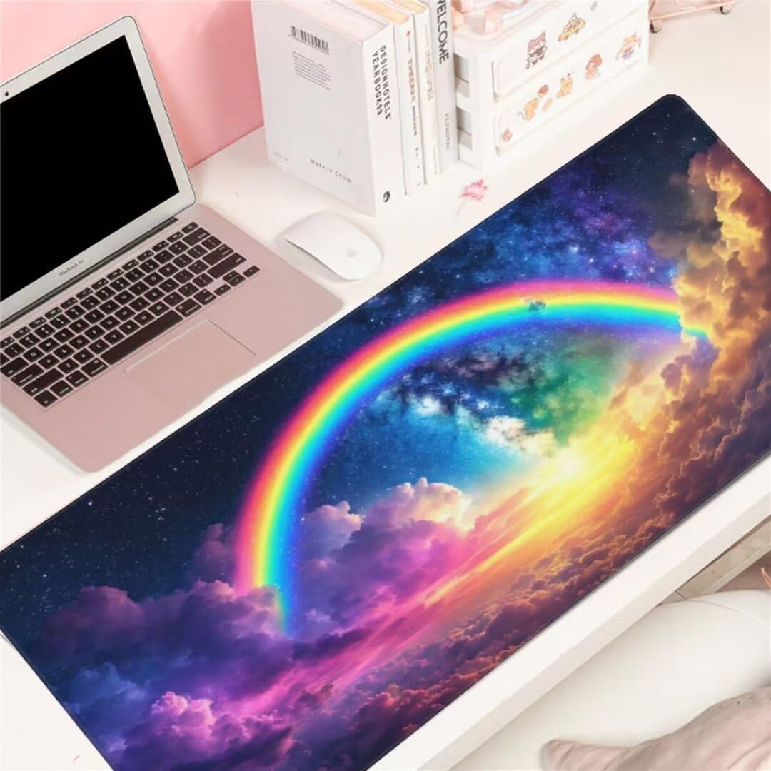Alfombrilla de ratón 1400x600x3 MM, Alfombrilla Ratón XXL Extendida de Gran Tamaño con Bordes Cosidos, Base de Goma Antideslizante Almohadilla para Teclado, Arco Iris de ensueño S-9191
