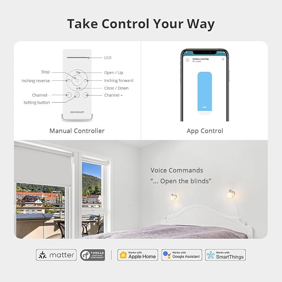 Rechargable Matter Thread Blind Motor,Roller Shade Motor,MT15B Motorized 2KG Electric 28 MM Tubular Shutter Shade,Timer/Voice,HomeKit Siri Control with 6-Way Remote Control