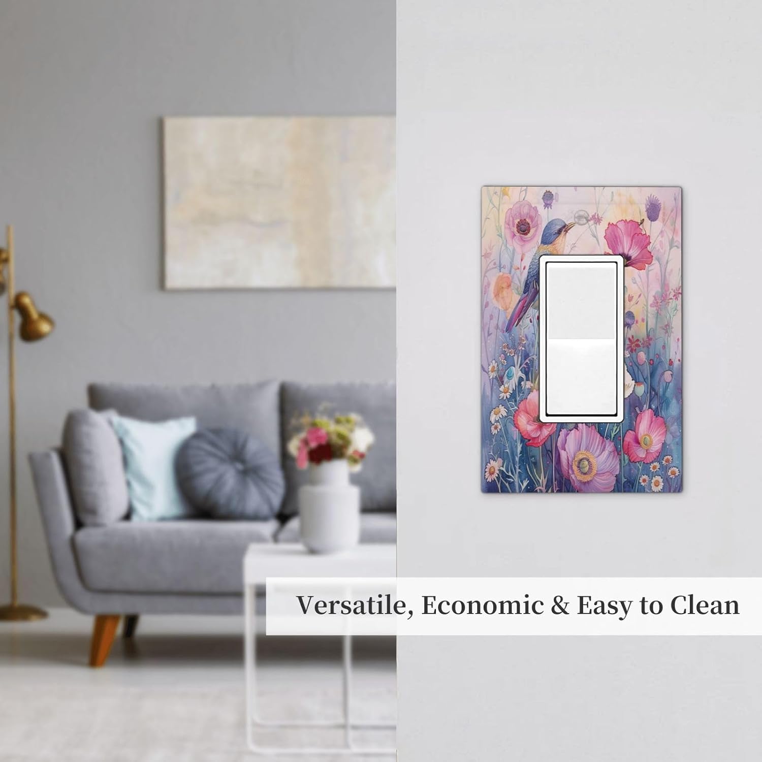 Decorative Outlet Covers Watercolor Bird Hummingbird Pink Flower 1 Gang Single Decora GFCI Device Light Switch Covers Plate 1 Rocker Wall Plate Faceplate for Bedroom Home Decor