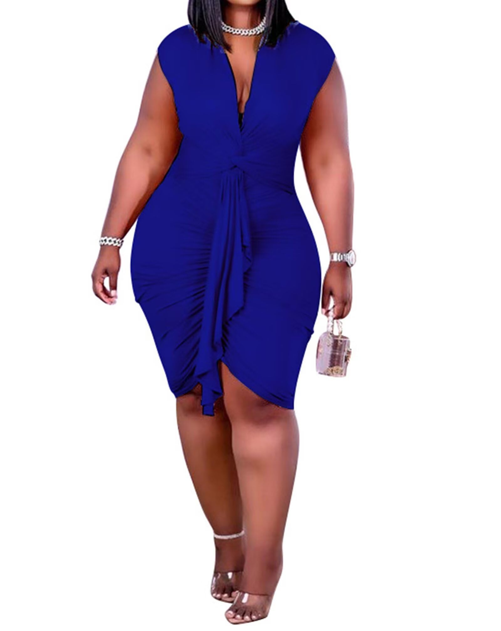 IyMoo Women's Sexy Plus Size Bodycon Drawstring Ruched Mini Club Dress