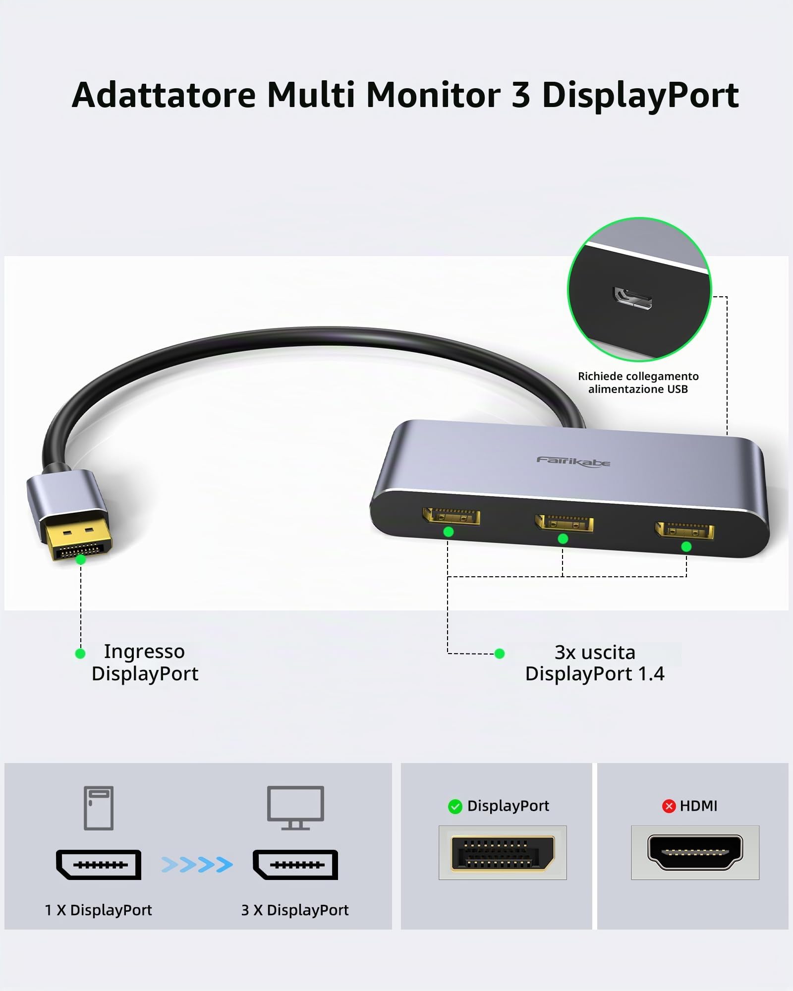 Splitter DisplayPort 1.4 a 3 porte - DisplayPort MST Hub Monitor Splitter | Supporta single 8K, Dual 4K 120Hz, 60Hz e 1080p 60Hz - Solo Windows
