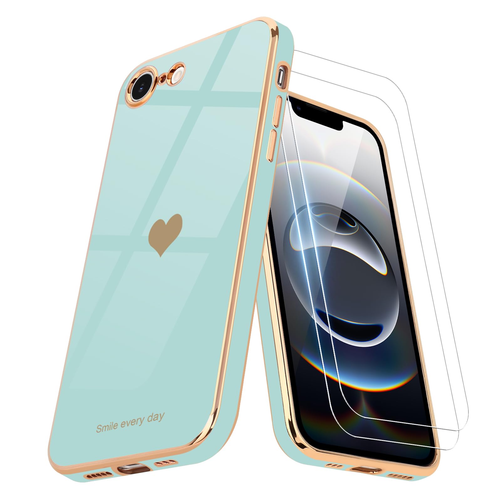 Teageo for iPhone 16e Case/for iPhone 17e Case with Screen Protector [2 Pack] for Girl Women Cute Girly Love-Heart Luxury Gold Soft Cover Camera