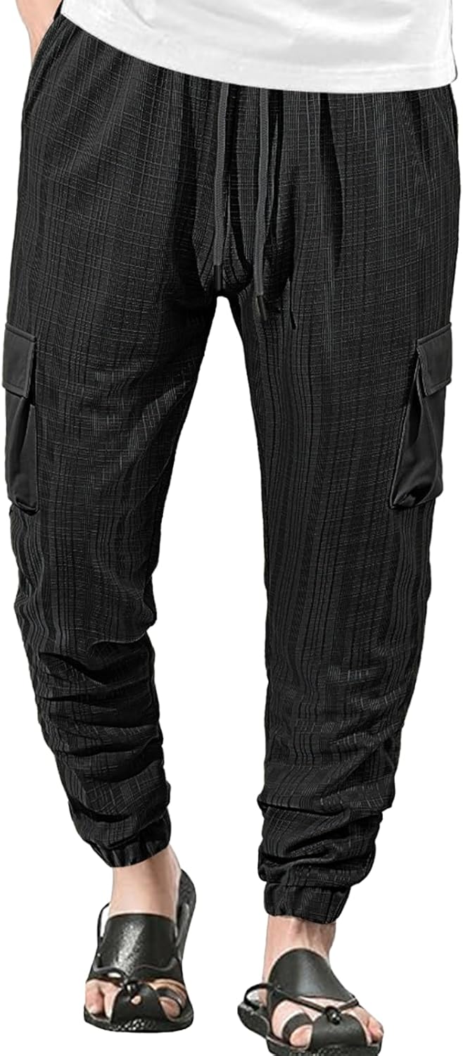 Solid Color Striped Cargo Sweatpants for Men Drawstring Elastic Waist Casual Lounge...