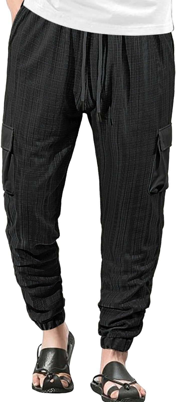 - Solid Color Striped Cargo Sweatpants for Men Drawstring Elastic Waist Casual Lounge Trousers with Pockets