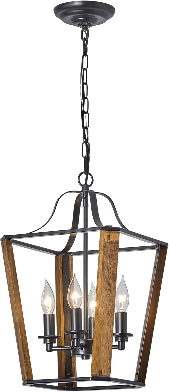 4-Light Lantern Farmhouse Chandelier, Metal Hanging Light Fixture with Wooden Grain Finish, Retro Chandelier for Kitchen Island Dining Room Table