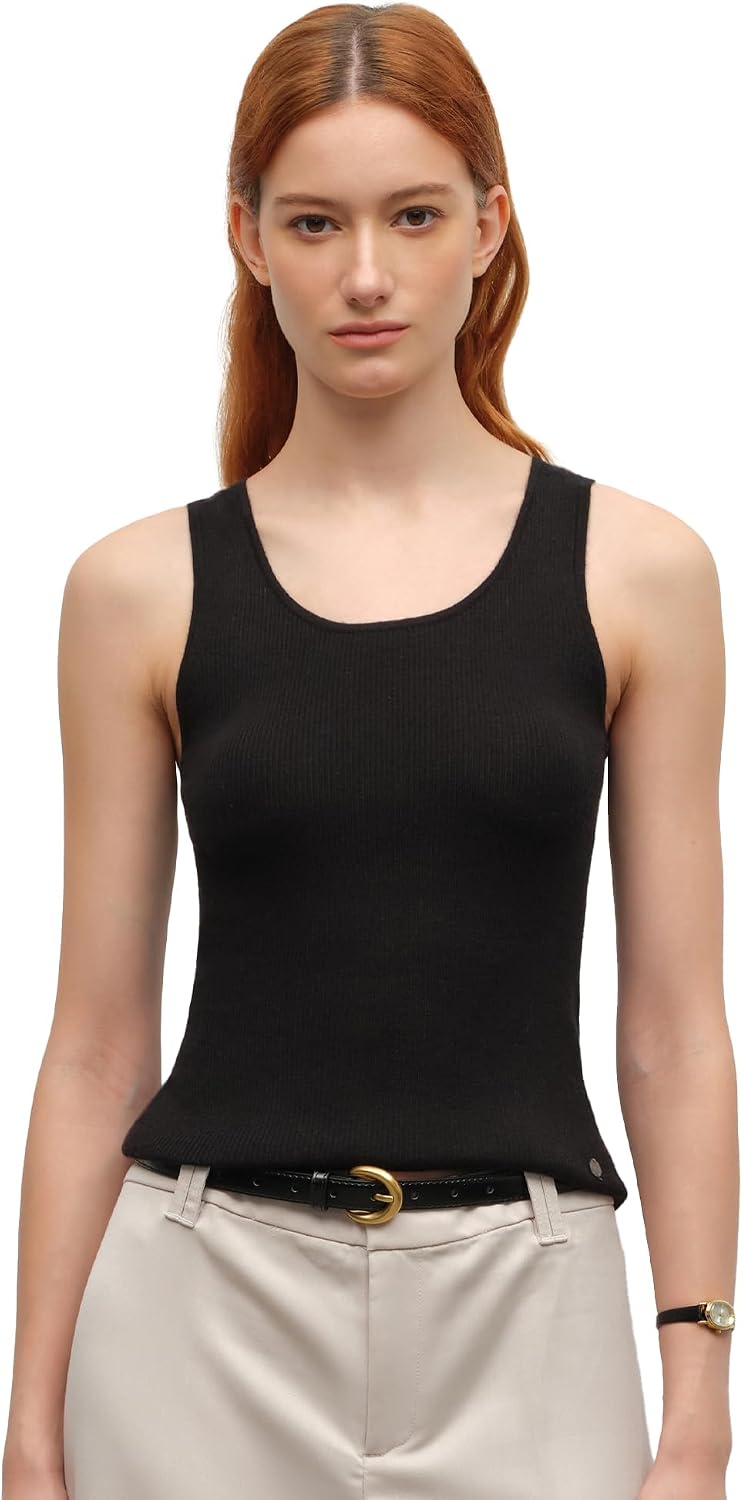 KVSS Women's Crew Neck Ribbed Knit Vest, 70% Cashmere 30% Silk, Lightweight Spring Summer Sleeveless Top