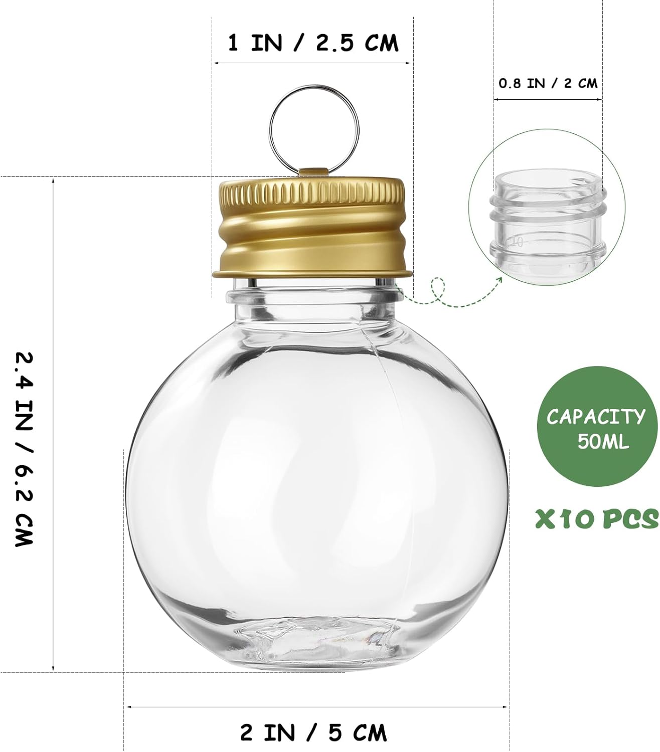 TEHAUX 10 Pack Christmas Booze Balls 50ml – Clear Light Bulb Drink Ornaments with Gold Hanging Caps, Fillable Plastic Shot Bottles for Tree Decorations, Party Drinks DIY Gifting