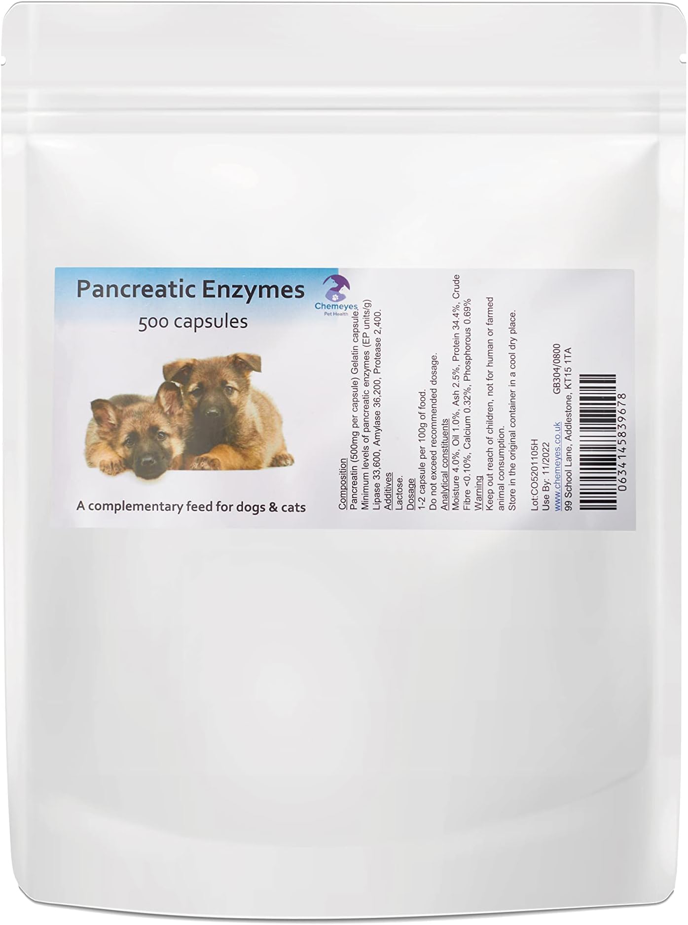 Pancreatic Enzyme Capsules - 500 Capsules - for dogs & cats - Digestive Support - Chemeyes