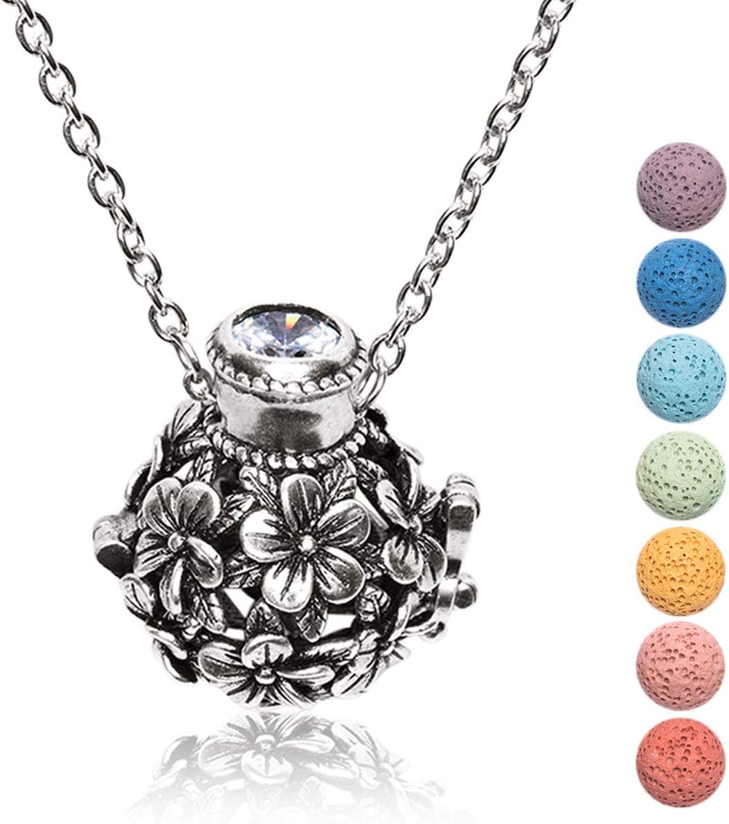Kayder Essential Oil Diffuser Flower Ball Filigree Locket Aromatherapy Pendant Necklace with 7 Color Chakra Lava Rock Bead Inserts, Antique Silver Yoga Necklace for Women Girls, 20" to 22" Adjustable