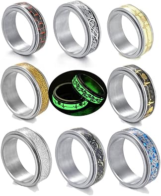 JILIYUPA Fidget Band Ring Set for Men & Women, Light Up Rings for Anxiety relief - 8mm Sliver Band, Spinner Fashion & Wedding Ring Set with 8 Pcs Stainless Steel Bands