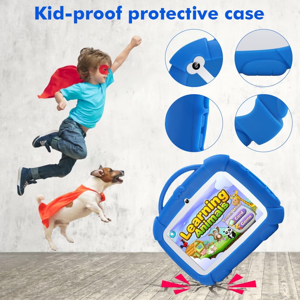 Padgene Kids Tablet 7 Inch,Android 9.0 Parental Control Kids Mode Pre-Installed WiFi Tablet Learning Games Camera IPS HD Display 1 GB+16GB with Kid-Proof Case (7 Inch, Blue)